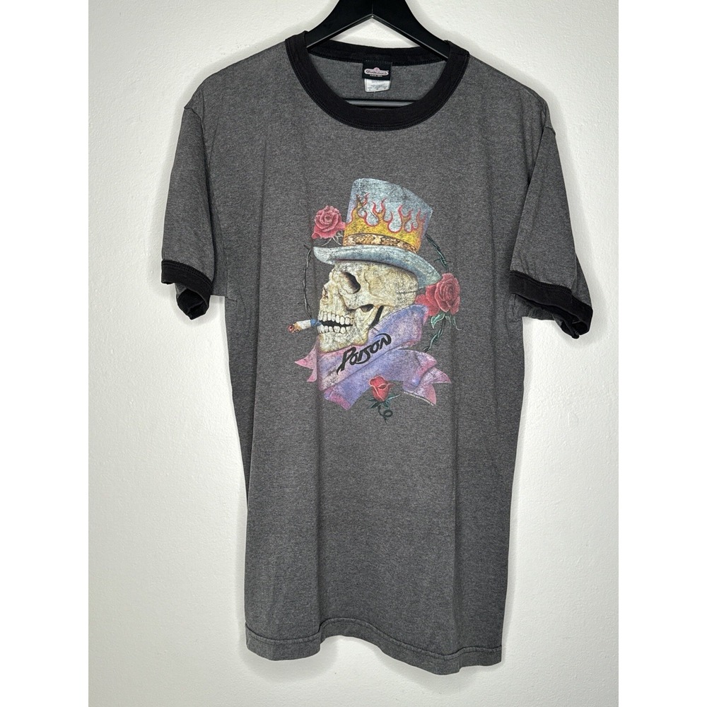 Vintage 2004 Poison Skull Roses Ringer T Shirt Winterland Glam Metal Size L